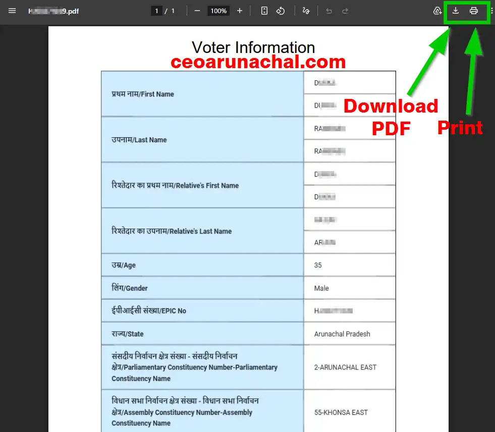 Arunachal Pradesh Voter Card PDF Download